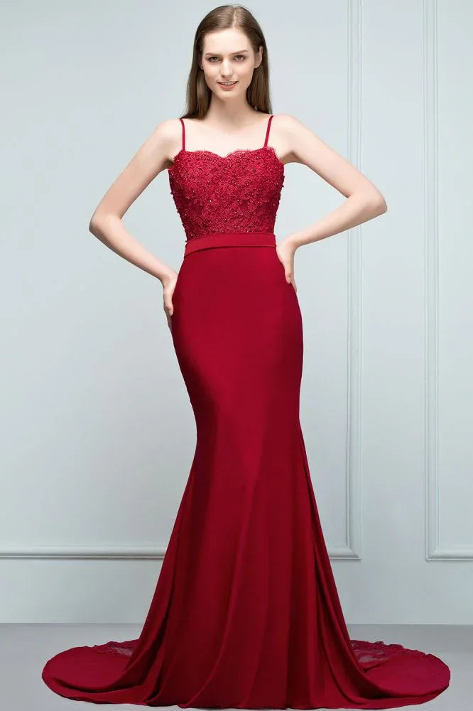 Meerjungfrau Charmeuse Spitzenkleid mit Spaghettiträgern, herzförmigem Ausschnitt, ärmellos, bodenlang, Brautjungfernkleid mit Perlenverzierung