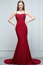 Meerjungfrau Charmeuse Spitzenkleid mit Spaghettiträgern, herzförmigem Ausschnitt, ärmellos, bodenlang, Brautjungfernkleid mit Perlenverzierung