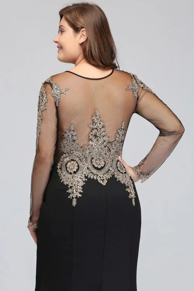Mermaid Crew Floor Length Plus size Long Sleeves Evening Dresses with Appliques