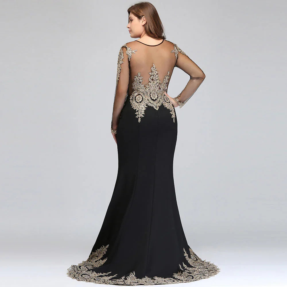 Mermaid Crew Floor Length Plus size Long Sleeves Evening Dresses with Appliques