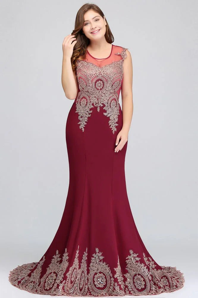 Vestidos de noche burdeos con apliques, sin mangas, de corte sirena y largo hasta el suelo