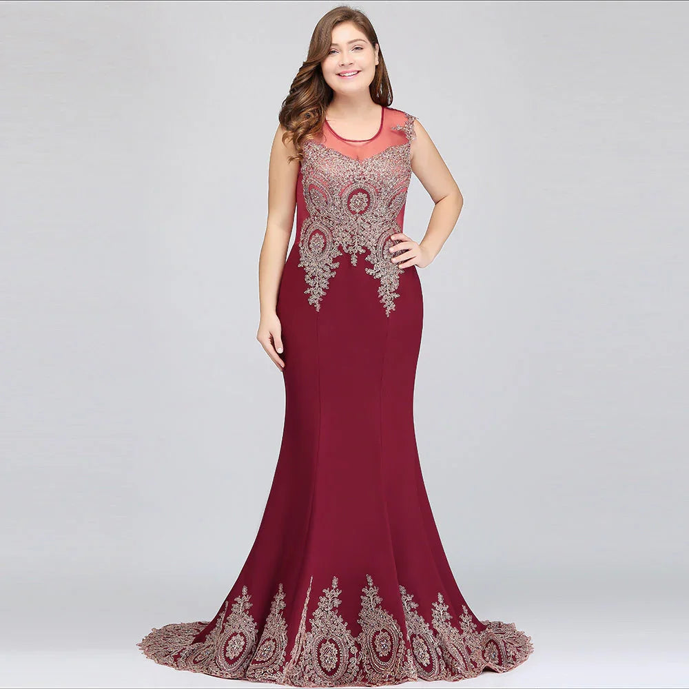 Vestidos de noche burdeos con apliques, sin mangas, de corte sirena y largo hasta el suelo