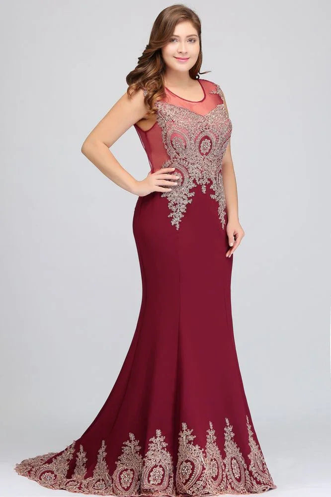 Vestidos de noche burdeos con apliques, sin mangas, de corte sirena y largo hasta el suelo