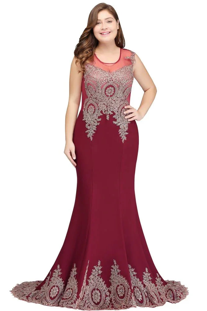 Vestidos de noche burdeos con apliques, sin mangas, de corte sirena y largo hasta el suelo