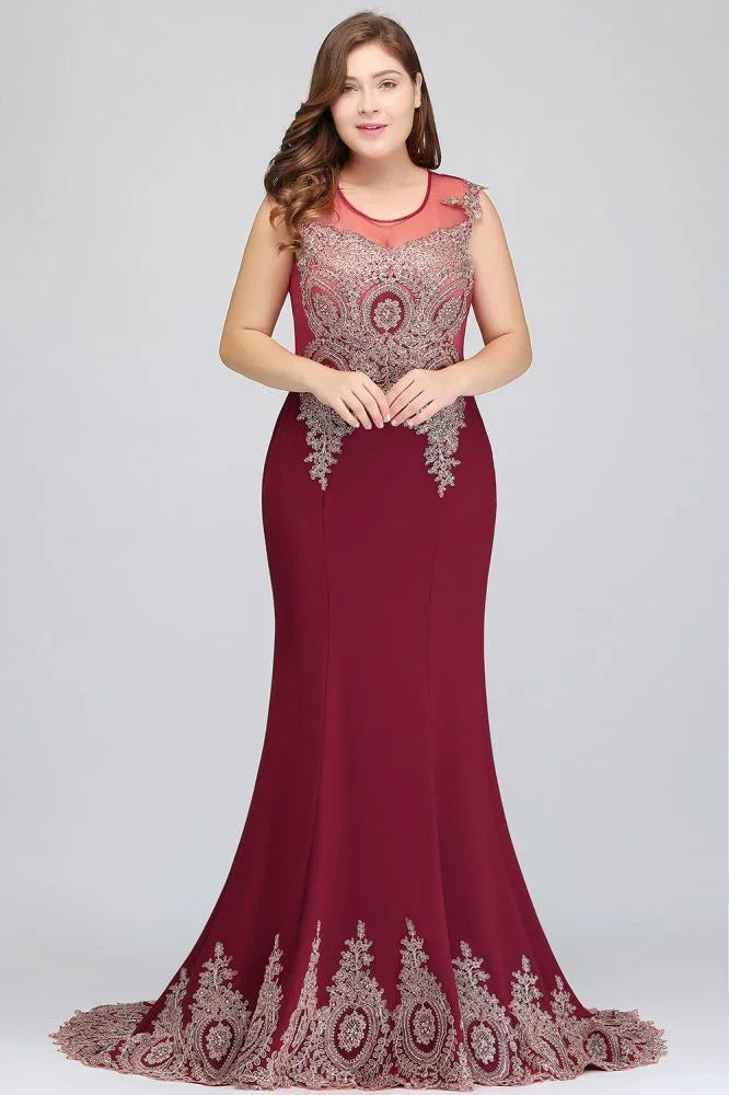 Vestidos de noche burdeos con apliques, sin mangas, de corte sirena y largo hasta el suelo