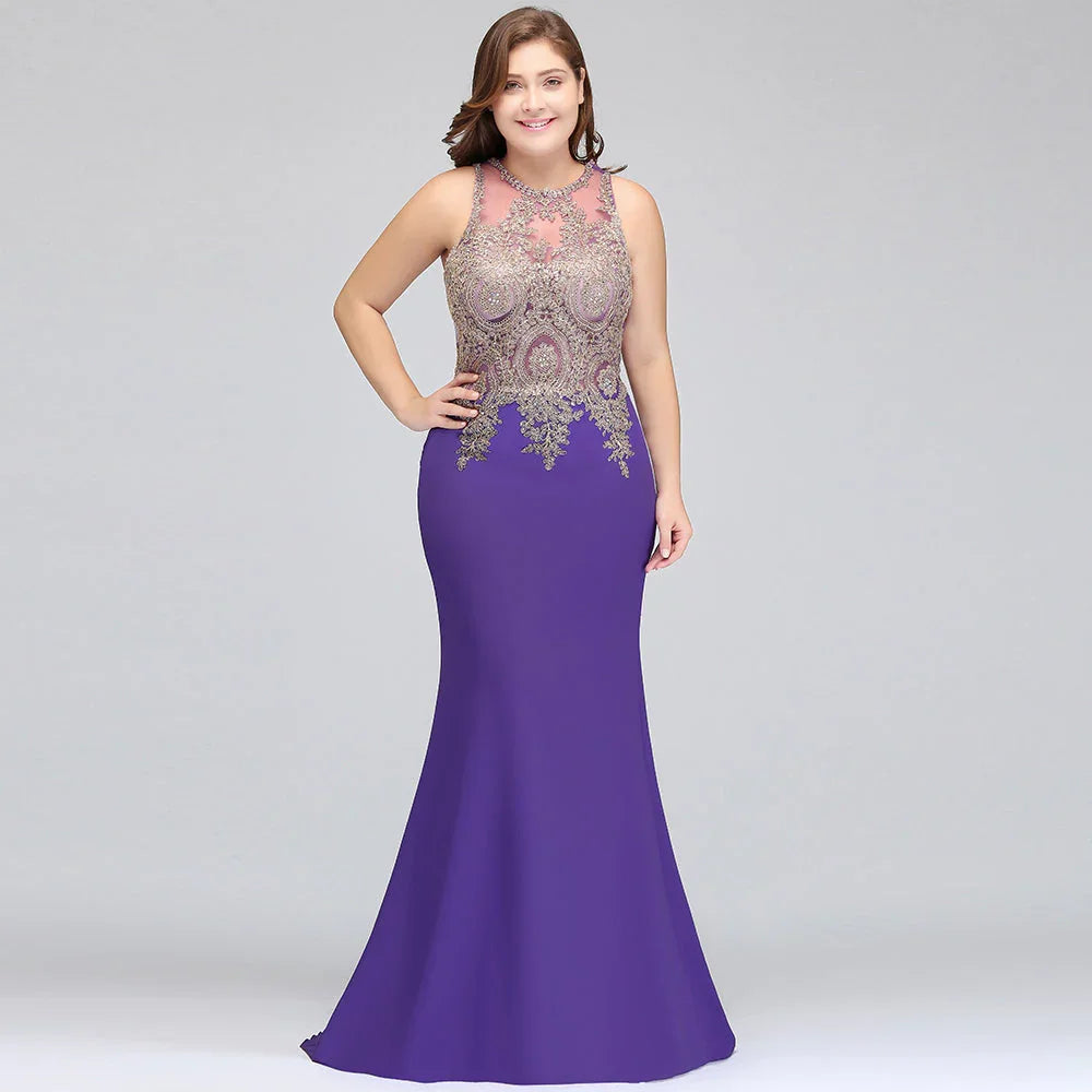 Mermaid Crew Floor Length Sleeveless Plus size Evening Dresses with Appliques
