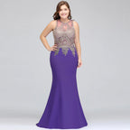 Mermaid Crew Floor Length Sleeveless Plus size Evening Dresses with Appliques