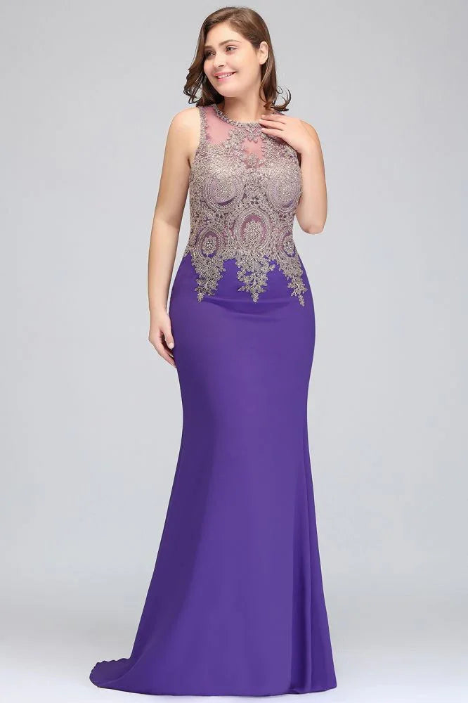 Mermaid Crew Floor Length Sleeveless Plus size Evening Dresses with Appliques