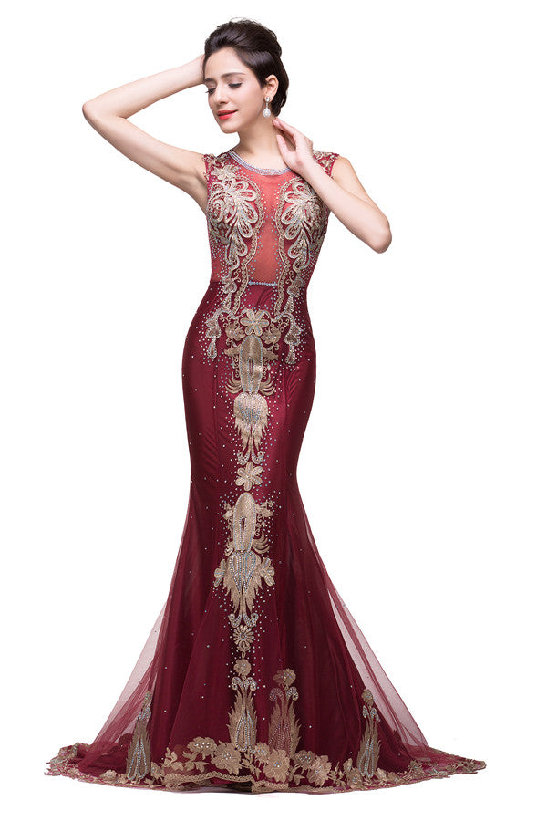 Robes de soirée bordeaux en tulle longueur balayage à coupe sirène avec appliqué