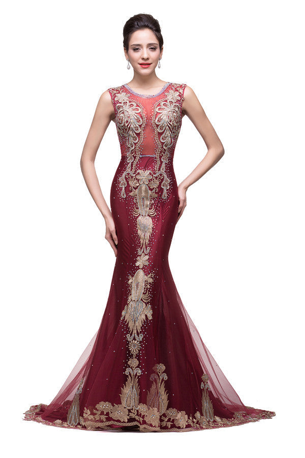 Robes de soirée bordeaux en tulle longueur balayage à coupe sirène avec appliqué