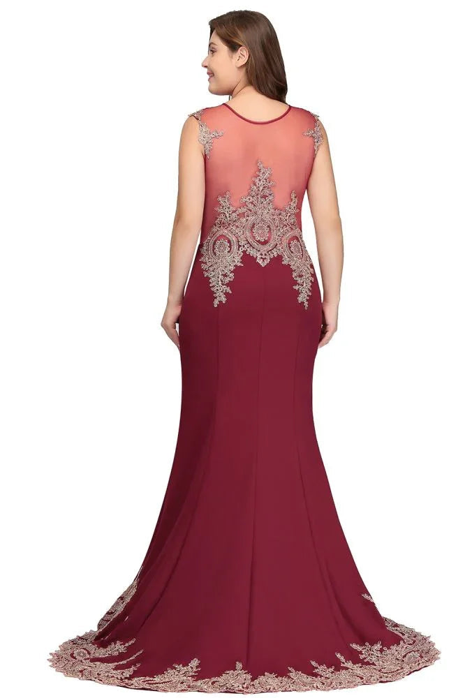 Vestidos de noche burdeos con cola de sirena, sin mangas, con apliques y falda barrida