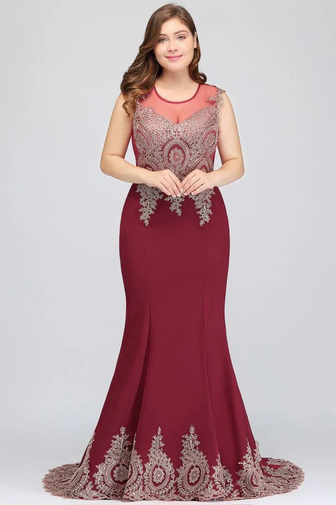 Vestidos de noche burdeos con cola de sirena, sin mangas, con apliques y falda barrida