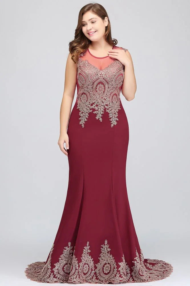 Vestidos de noche burdeos con cola de sirena, sin mangas, con apliques y falda barrida