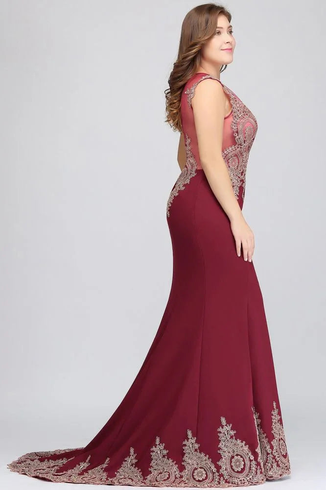 Vestidos de noche burdeos con cola de sirena, sin mangas, con apliques y falda barrida