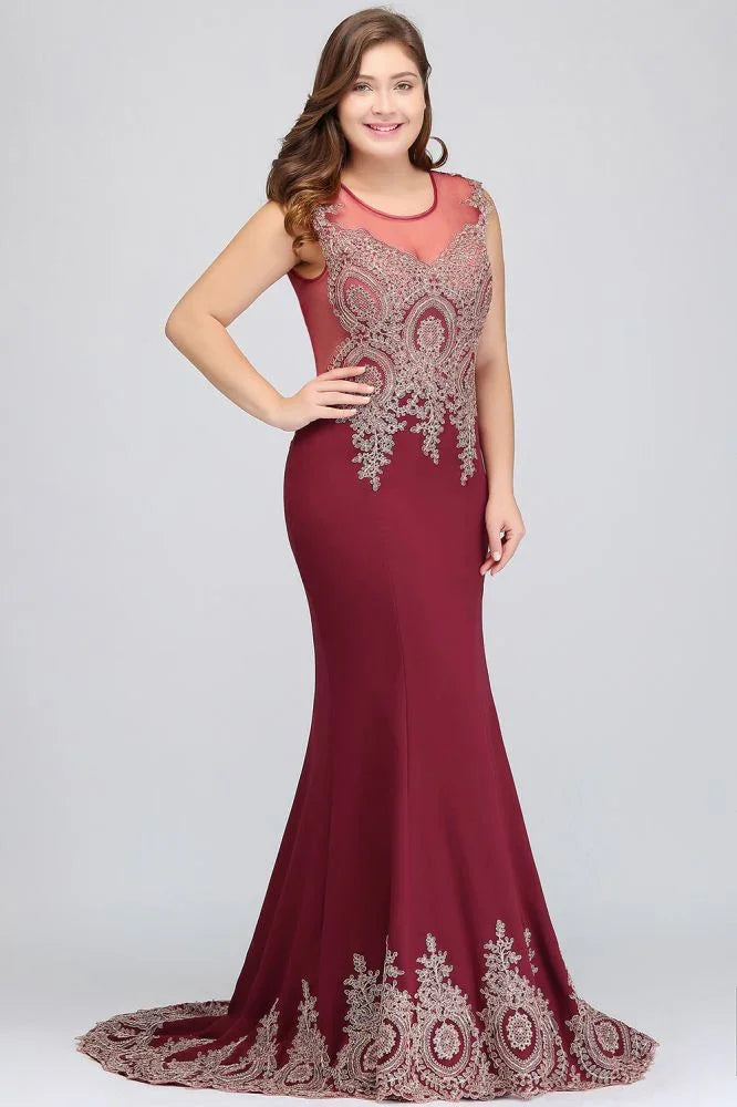 Vestidos de noche burdeos con cola de sirena, sin mangas, con apliques y falda barrida
