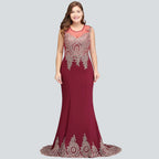 Vestidos de noche burdeos con cola de sirena, sin mangas, con apliques y falda barrida