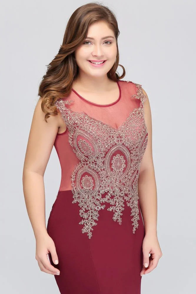 Vestidos de noche burdeos con cola de sirena, sin mangas, con apliques y falda barrida