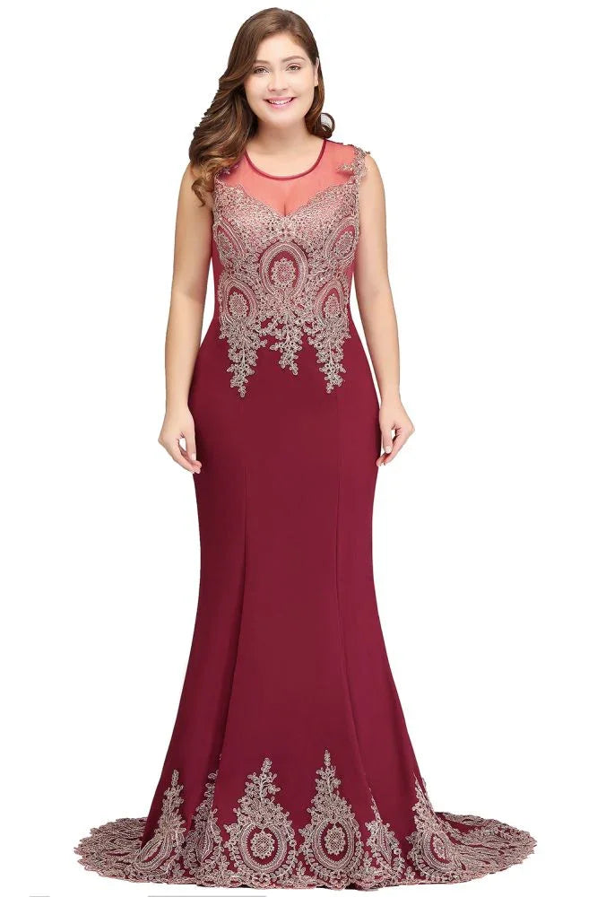 Vestidos de noche burdeos con cola de sirena, sin mangas, con apliques y falda barrida