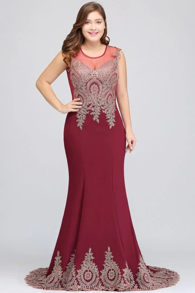 Vestidos de noche burdeos con cola de sirena, sin mangas, con apliques y falda barrida