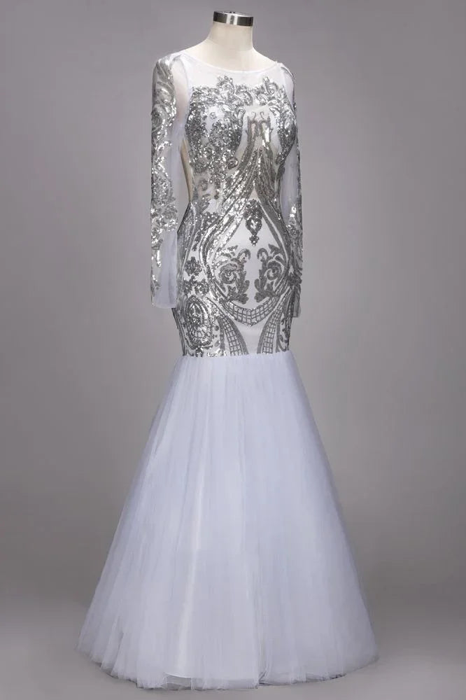 Mermaid Floor Length Long Sleeves Sequined Patterns Plus Size Tulle Prom Dresses