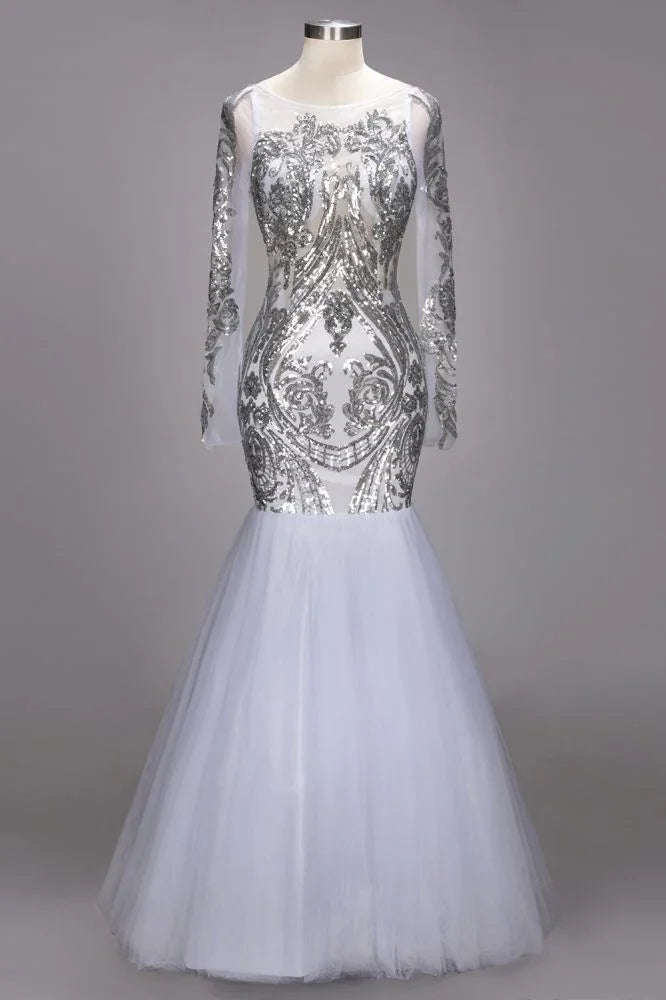 Mermaid Floor Length Long Sleeves Sequined Patterns Plus Size Tulle Prom Dresses