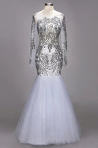 Mermaid Floor Length Long Sleeves Sequined Patterns Plus Size Tulle Prom Dresses