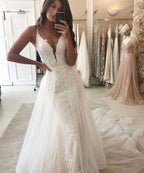 Robe de mariée Jardin de Sirène Robe de noces Col en V Bretelles Traîne amovible