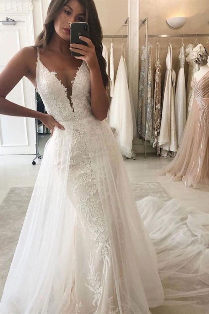 Robe de mariée Jardin de Sirène Robe de noces Col en V Bretelles Traîne amovible