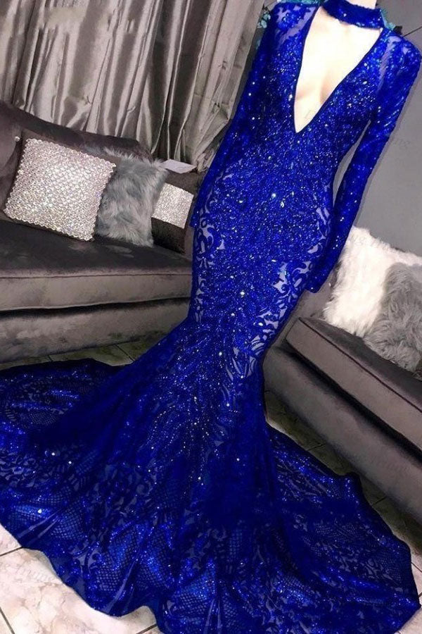 Robe de bal sirène à col montant et manches longues