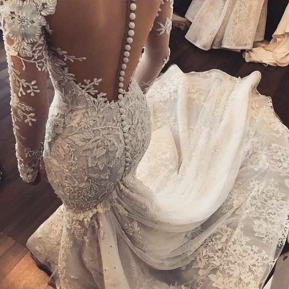Vestido de Noiva com Cauda Varredura/Pincel, Decote Redondo, Mangas Compridas, Renda Marfim Sereia