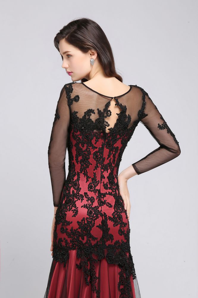 Abito da sera rosso lungo in tulle con scollo a gioiello, perline e stile sirena, sensuale