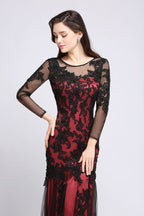 Abito da sera rosso lungo in tulle con scollo a gioiello, perline e stile sirena, sensuale