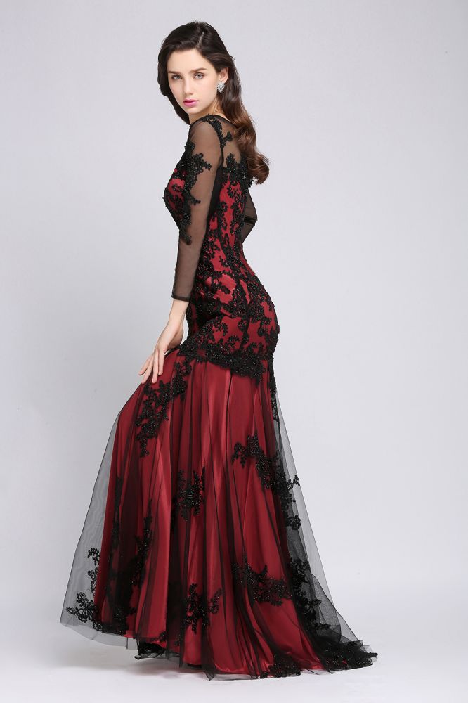 Abito da sera rosso lungo in tulle con scollo a gioiello, perline e stile sirena, sensuale