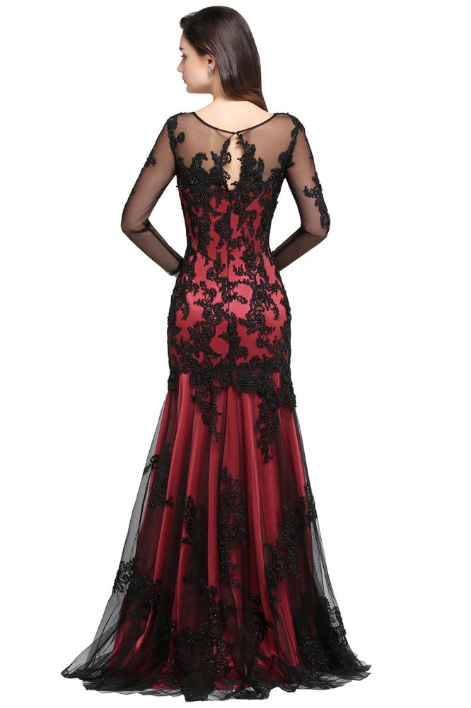 Abito da sera rosso lungo in tulle con scollo a gioiello, perline e stile sirena, sensuale