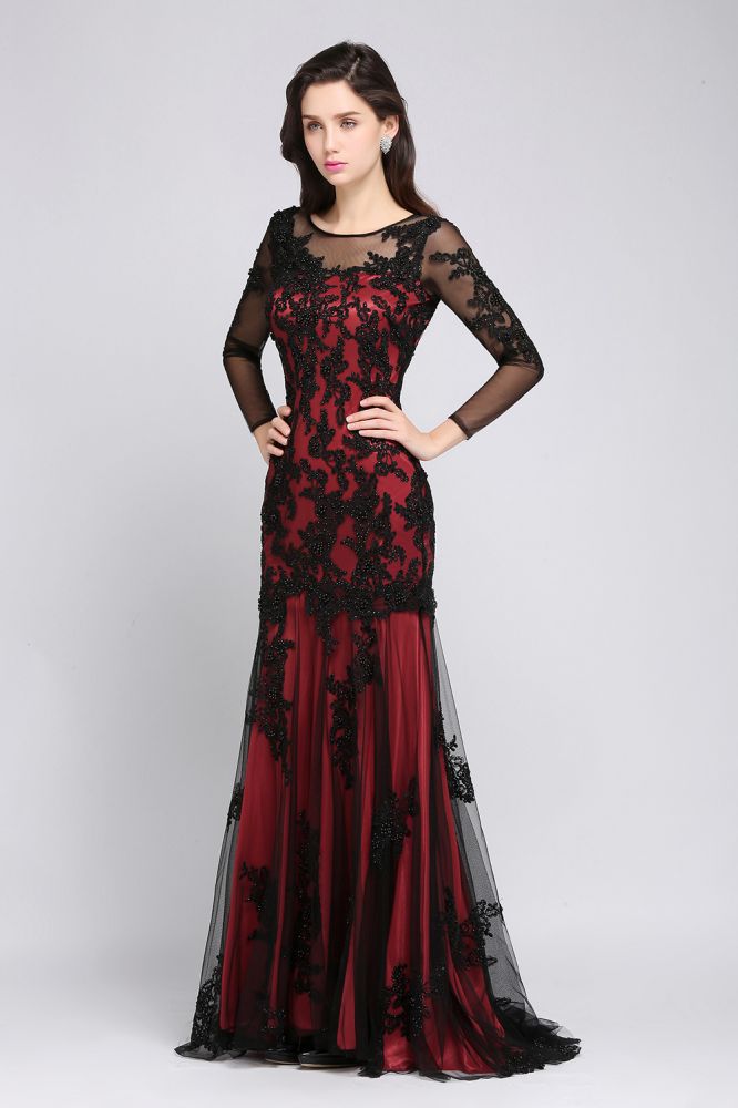 Abito da sera rosso lungo in tulle con scollo a gioiello, perline e stile sirena, sensuale