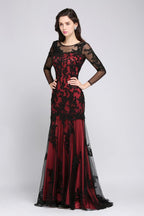Abito da sera rosso lungo in tulle con scollo a gioiello, perline e stile sirena, sensuale