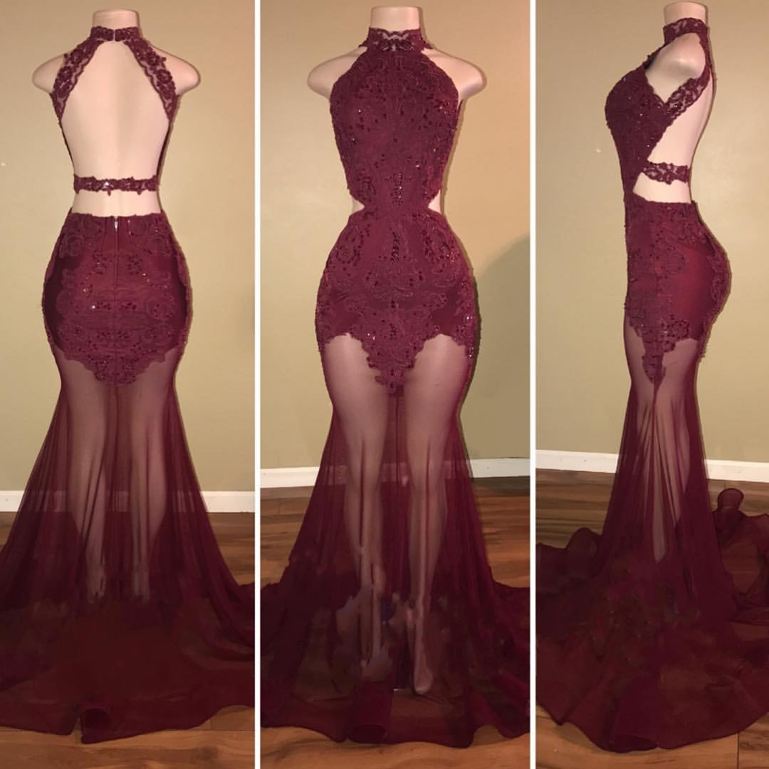 Mermaid Lace Appliques Sheer-Tulle Burgundy High Neck Long Prom Dresses