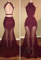 Robes longues de bal à col haut en tulle transparent bordeaux avec applications en dentelle sirène