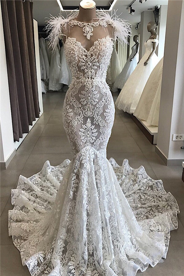 Colar de Cristais com Renda de Sereia Vestido de Noiva Trajes Nupciais com Pena