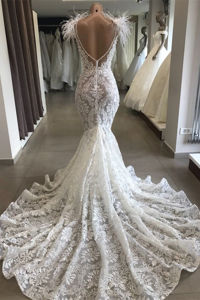 Colar de Cristais com Renda de Sereia Vestido de Noiva Trajes Nupciais com Pena