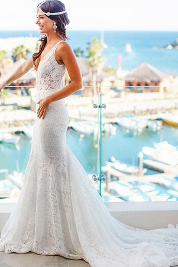 Vestido de novia de playa con cola de sirena, escote en V y encaje