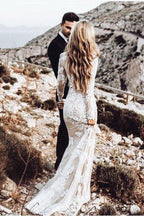 Robe de mariée rustique bohème en dentelle à manches longues sirène