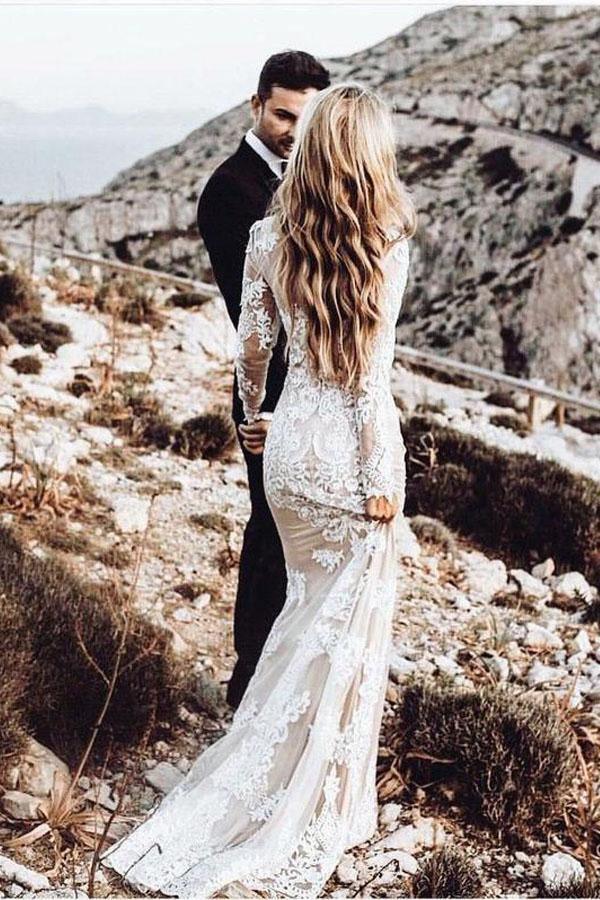 Robe de mariée rustique bohème en dentelle à manches longues sirène