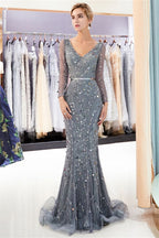 Vestidos de noite com lantejoulas, decote em V, mangas compridas e cauda de sereia, com faixa