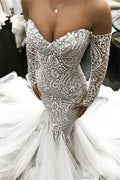 Abito da sposa a sirena maniche lunghe nuovo arrivo, scollatura a barca, pizzo, nuovo arrivo abiti nuziali