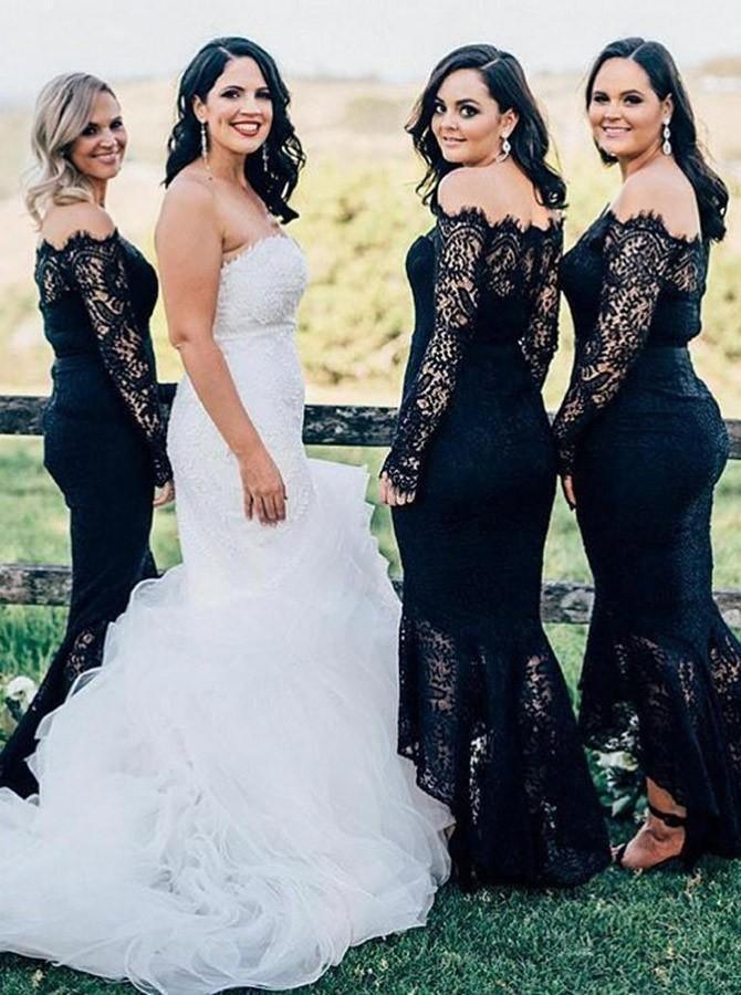 Vestido de Dama de Honra Azul Marinho com Renda e Decote Ombro a Ombro BD068