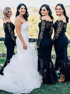 Vestido de Dama de Honra Azul Marinho com Renda e Decote Ombro a Ombro BD068