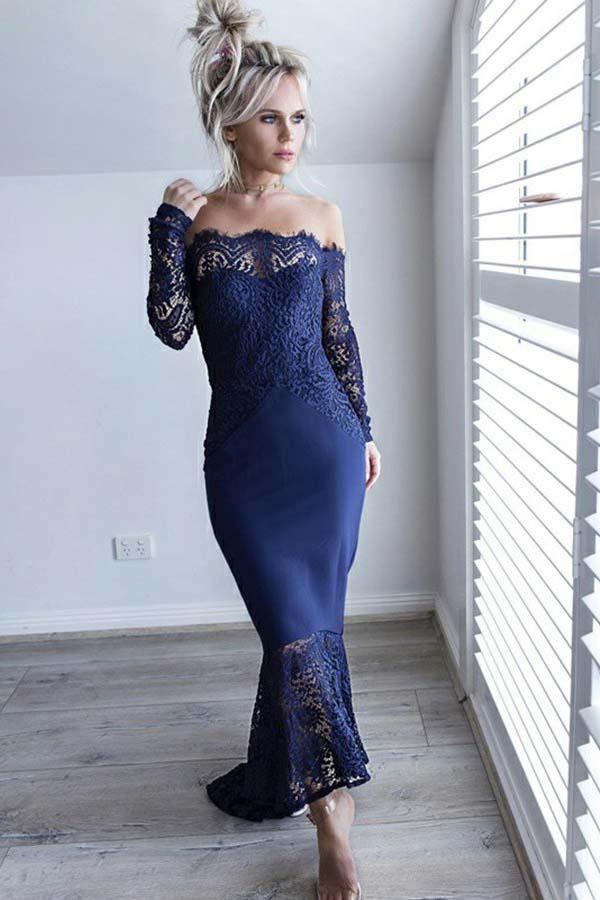 Vestido de Dama de Honra Azul Marinho com Renda e Decote Ombro a Ombro BD068
