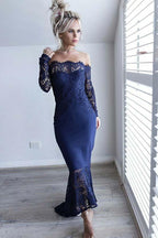 Vestido de Dama de Honra Azul Marinho com Renda e Decote Ombro a Ombro BD068