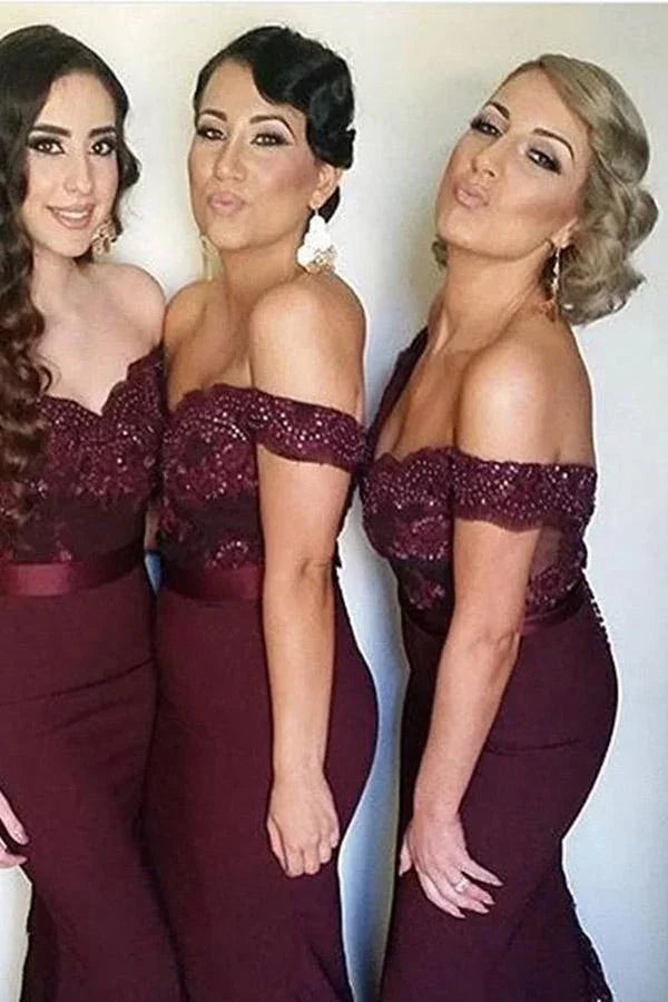 Mermaid Off-the-Shoulder Sweep Train Navy Blue Bridesmaid/Prom Dress PG406